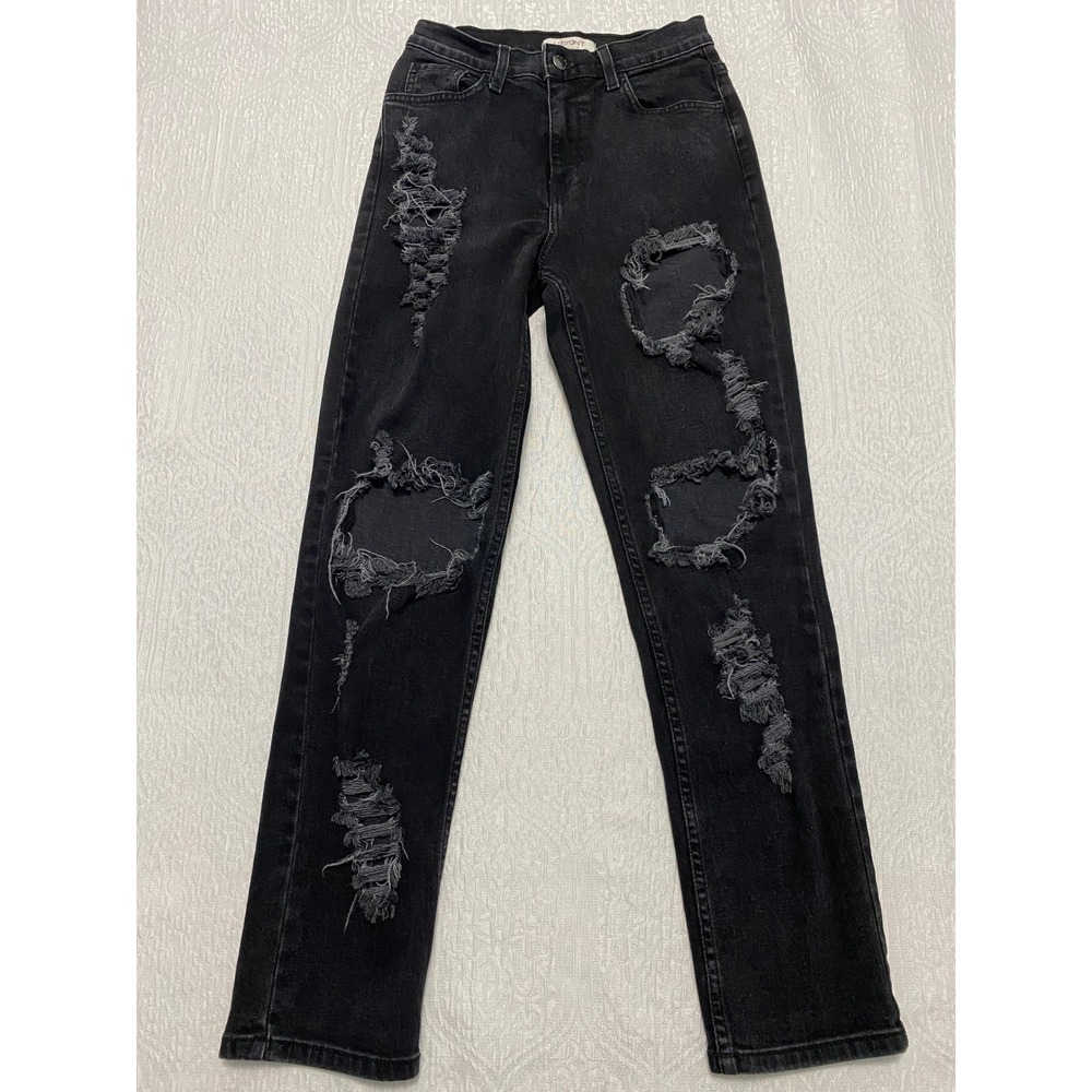 Vibrant MIU Black Distressed Ripped High Rise Straight‎ Leg Jeans 3 Made in USA